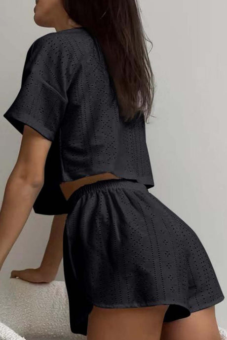 Hollow Short Sleeve Crop Top Shorts Set