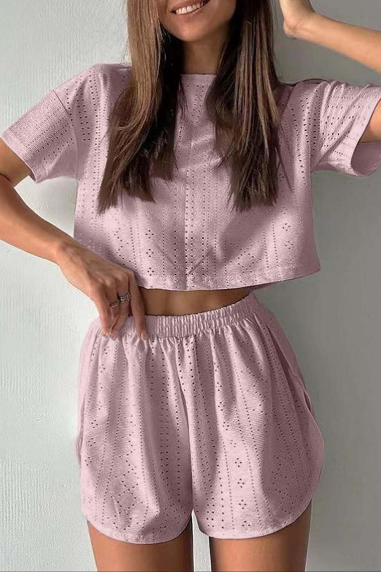 Hollow Short Sleeve Crop Top Shorts Set