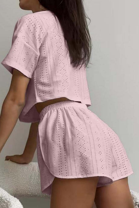 Hollow Short Sleeve Crop Top Shorts Set