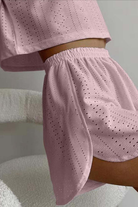 Hollow Short Sleeve Crop Top Shorts Set