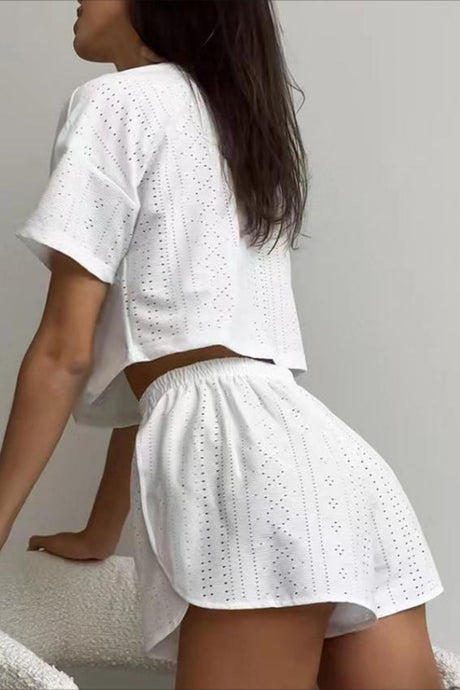 Hollow Short Sleeve Crop Top Shorts Set