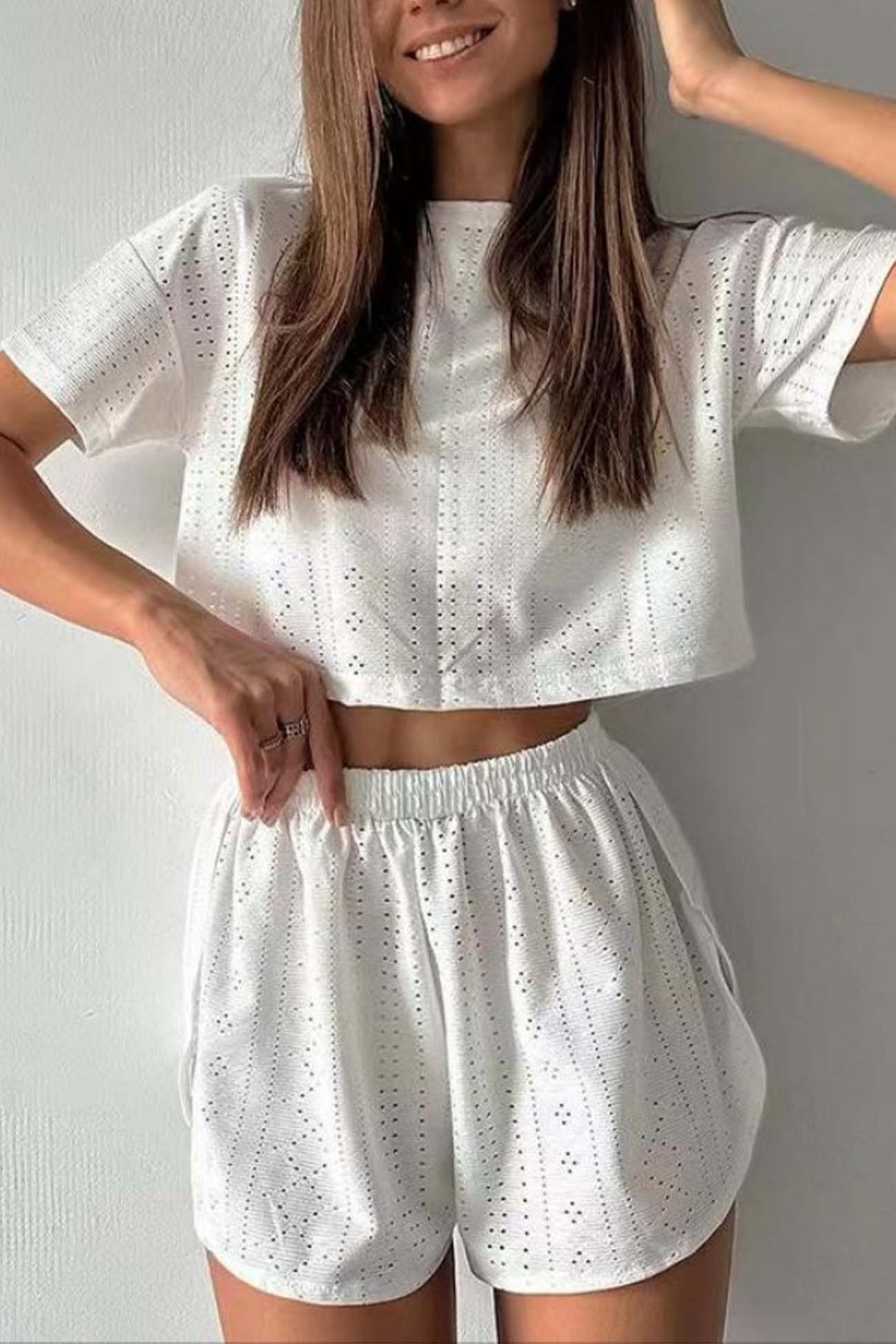 Hollow Short Sleeve Crop Top Shorts Set