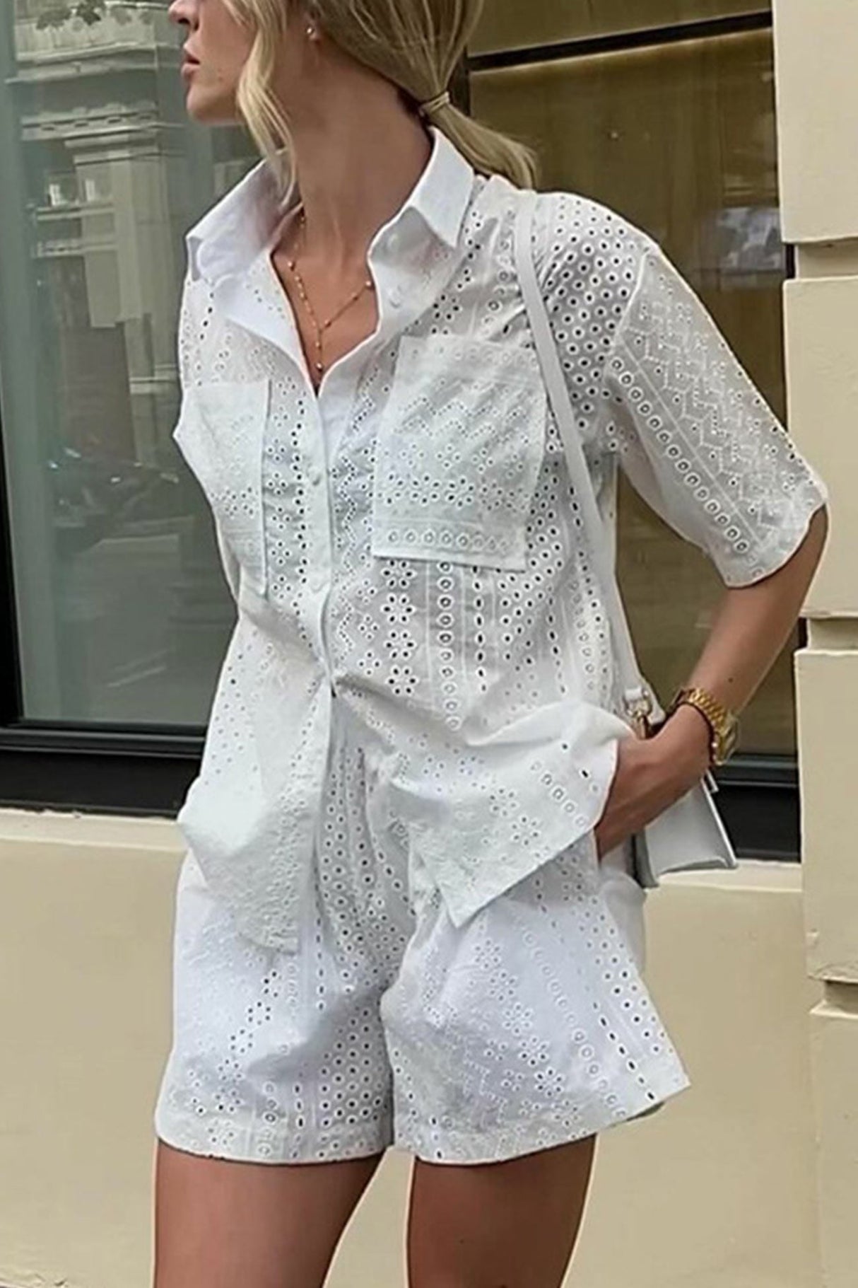 Arolora jacquard-hollow-out-shirt-suits