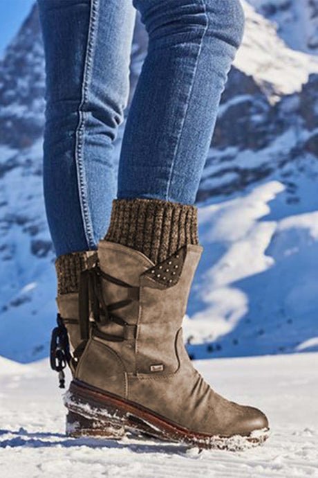 Mid-Calf Knitted Patchwork Lace Up Boots