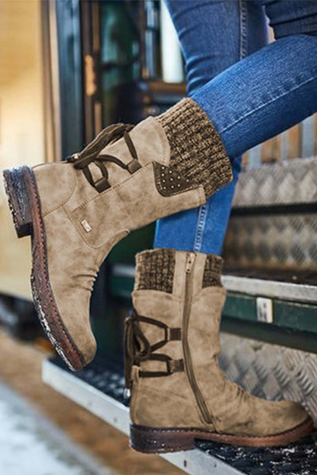 Mid-Calf Knitted Patchwork Lace Up Boots