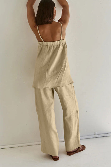 Khaki Cotton Cami Top Long Pants Suits