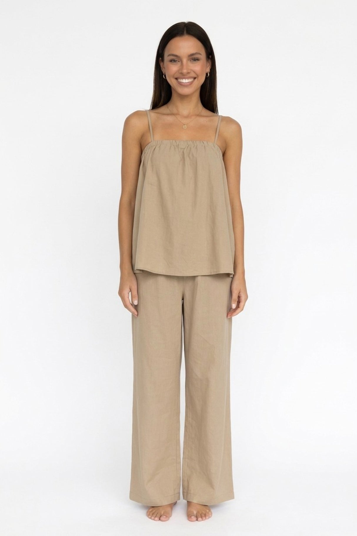 Solid Color Cotton Cami Top Long Pants Suits