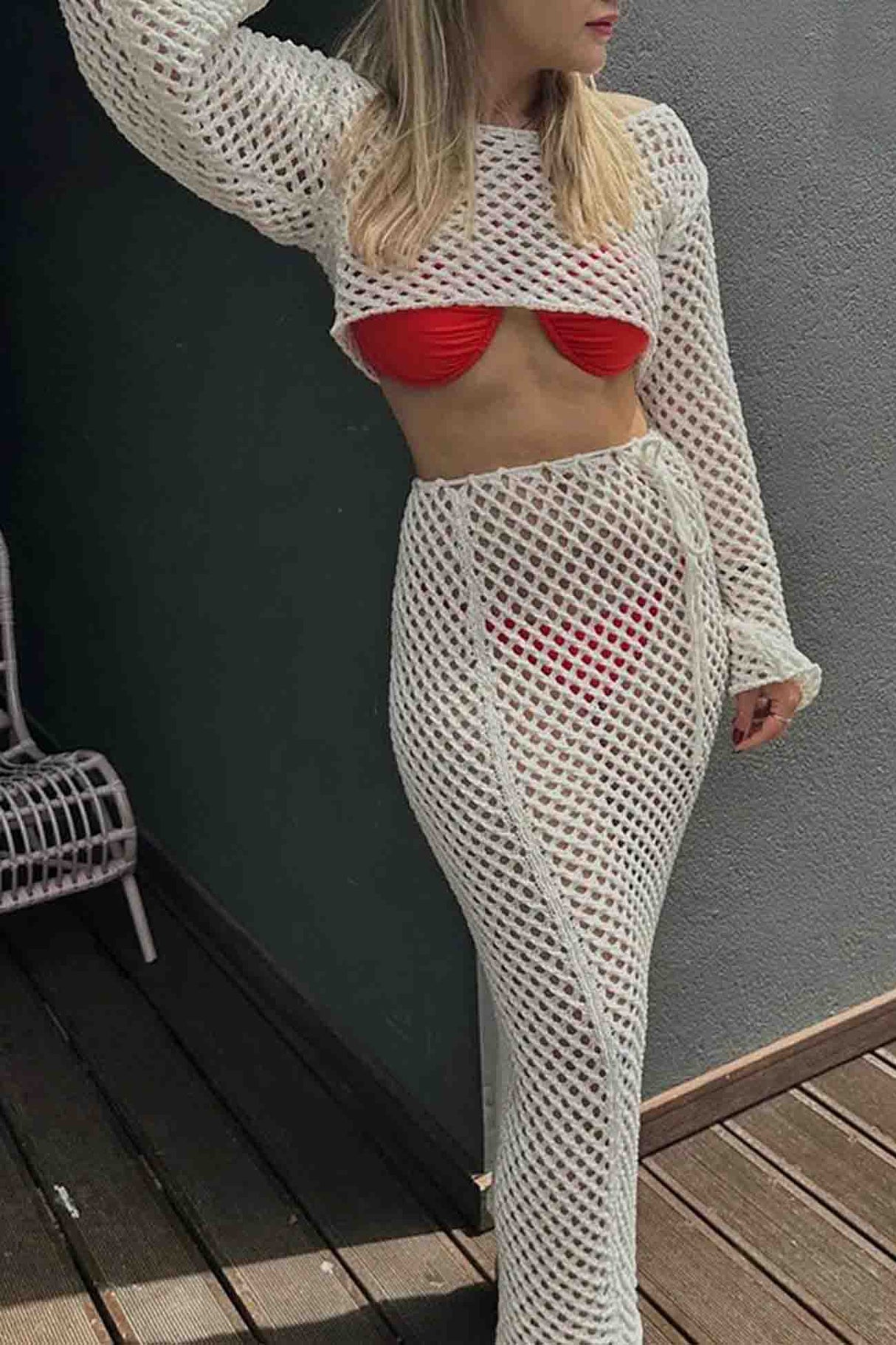 Knitted Cutout Cover Up Off Shoulder Skirt Set