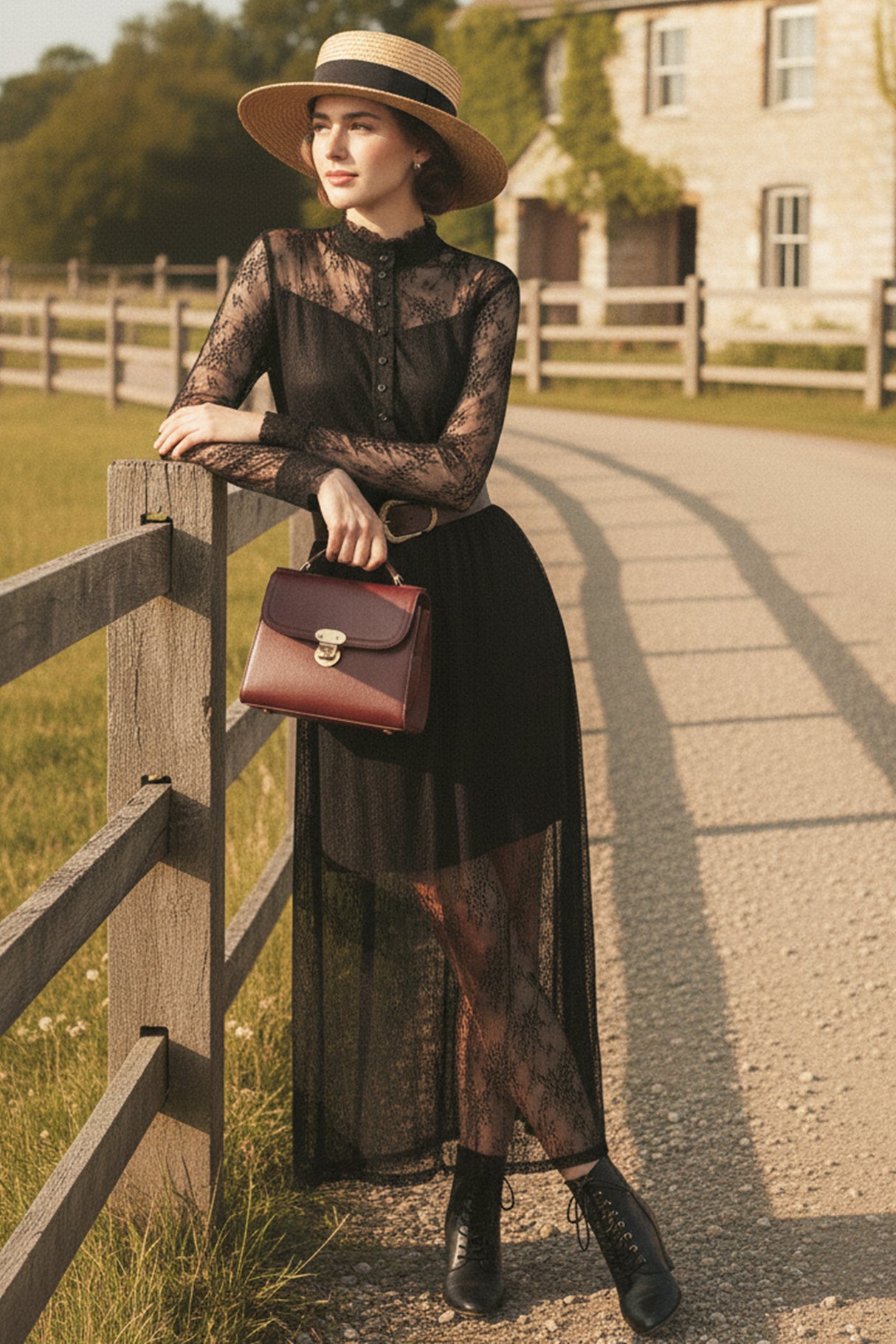 Lace Button-up Long Sleeve Retro Maxi Dress
