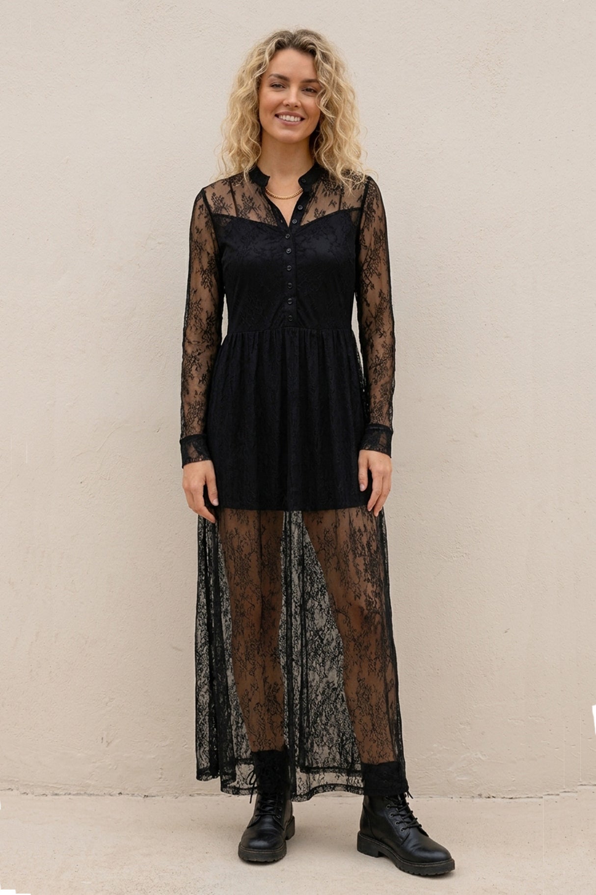 Lace Button-up Long Sleeve Retro Maxi Dress