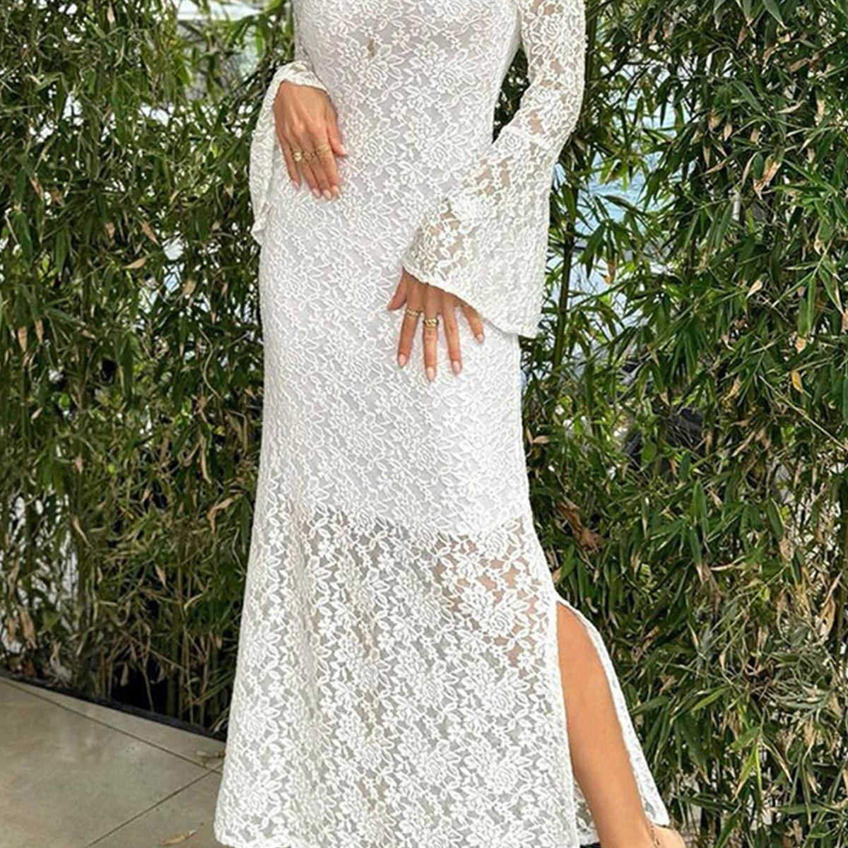Lace Long Flare Sleeve Slit Dress AROLORA Lace Long Flare Sleeve Slit Dress AROLORA