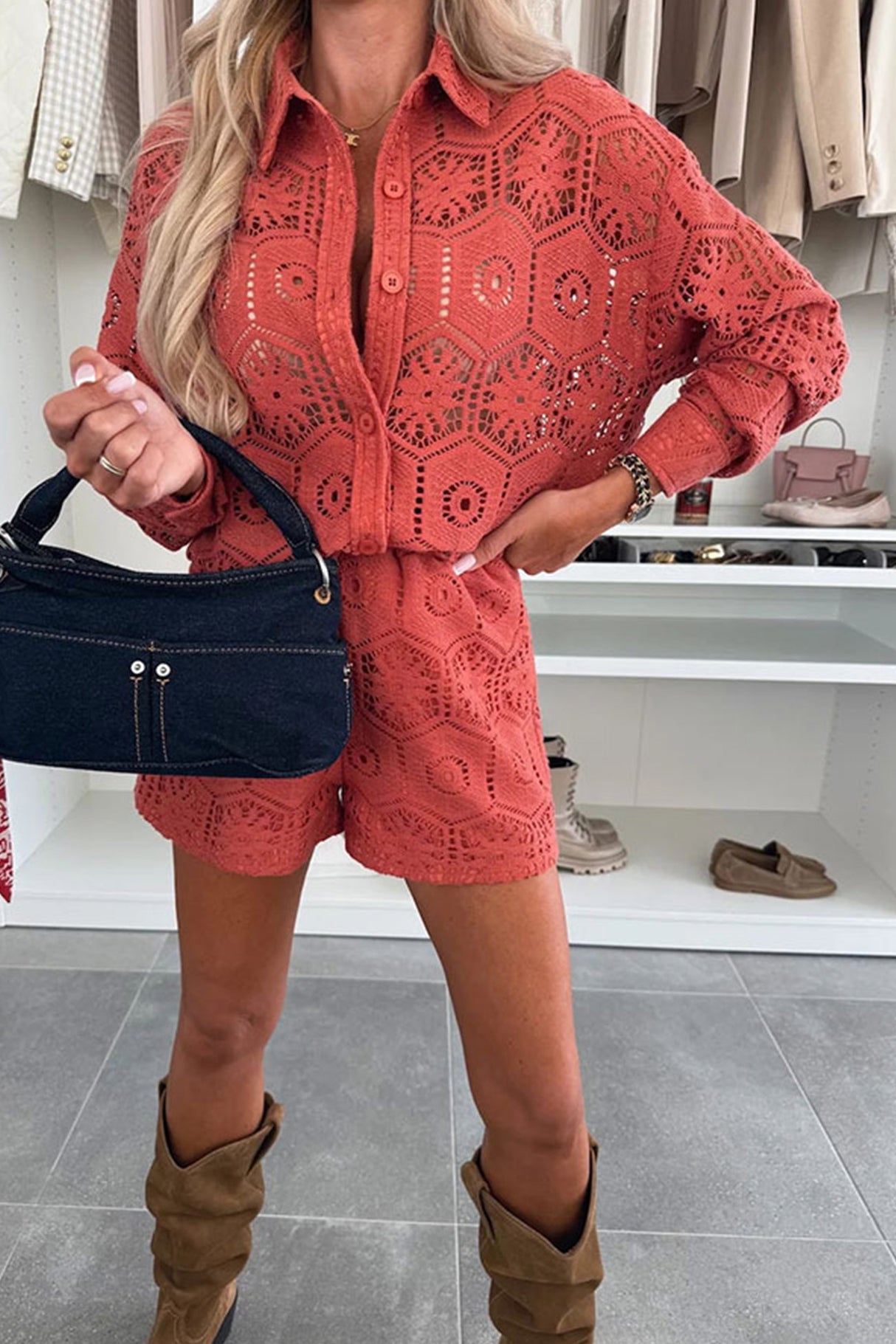Arolora Lace Long Sleeve Blouse Two-piece Shorts Set