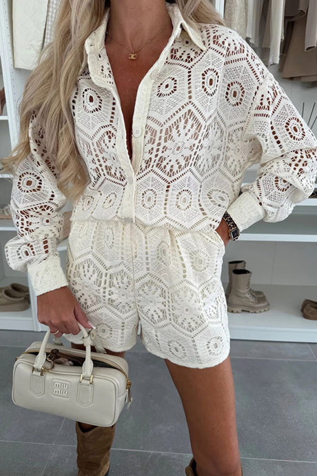 Arolora Lace Long Sleeve Blouse Two-piece Shorts Set