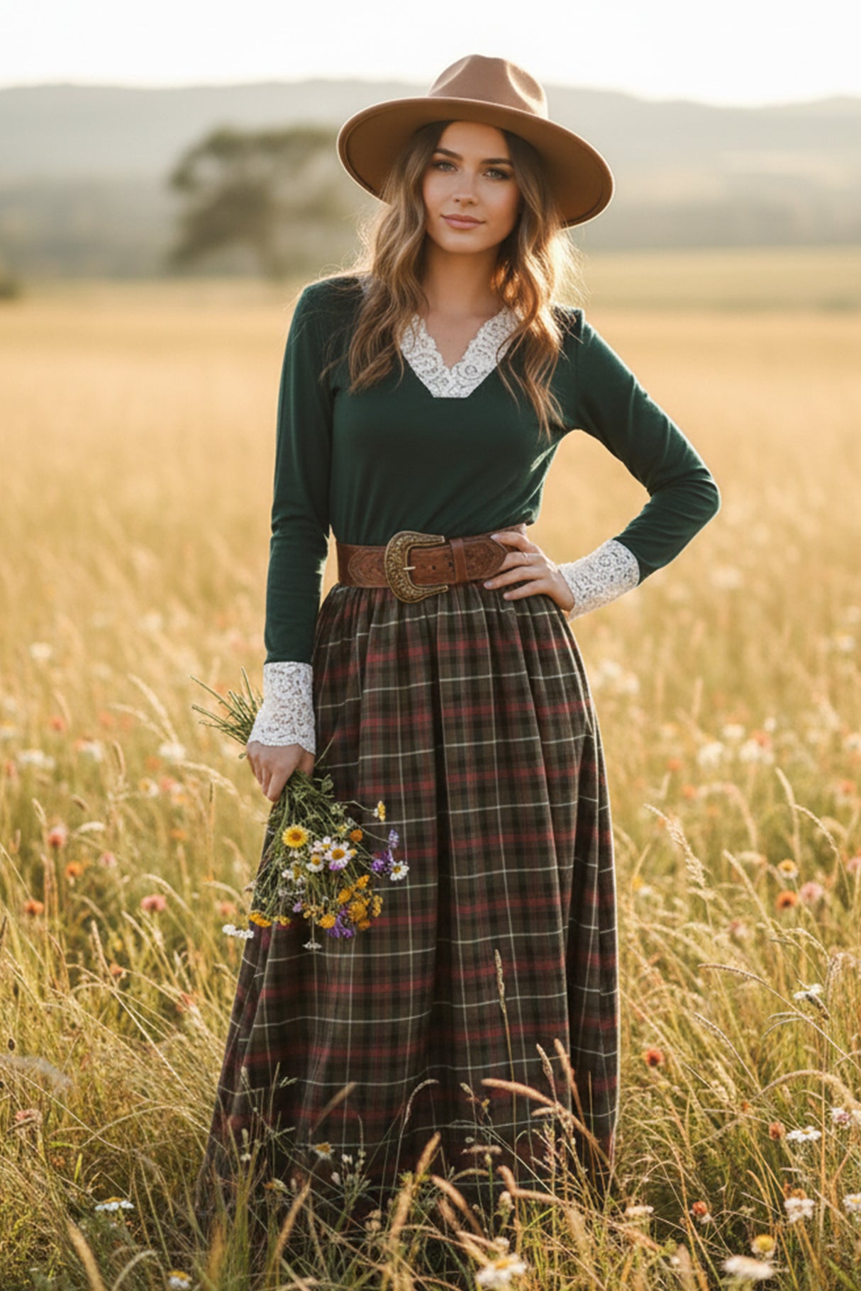 Lace V-neck Patchwork Plaid Skirt Maxi Dress