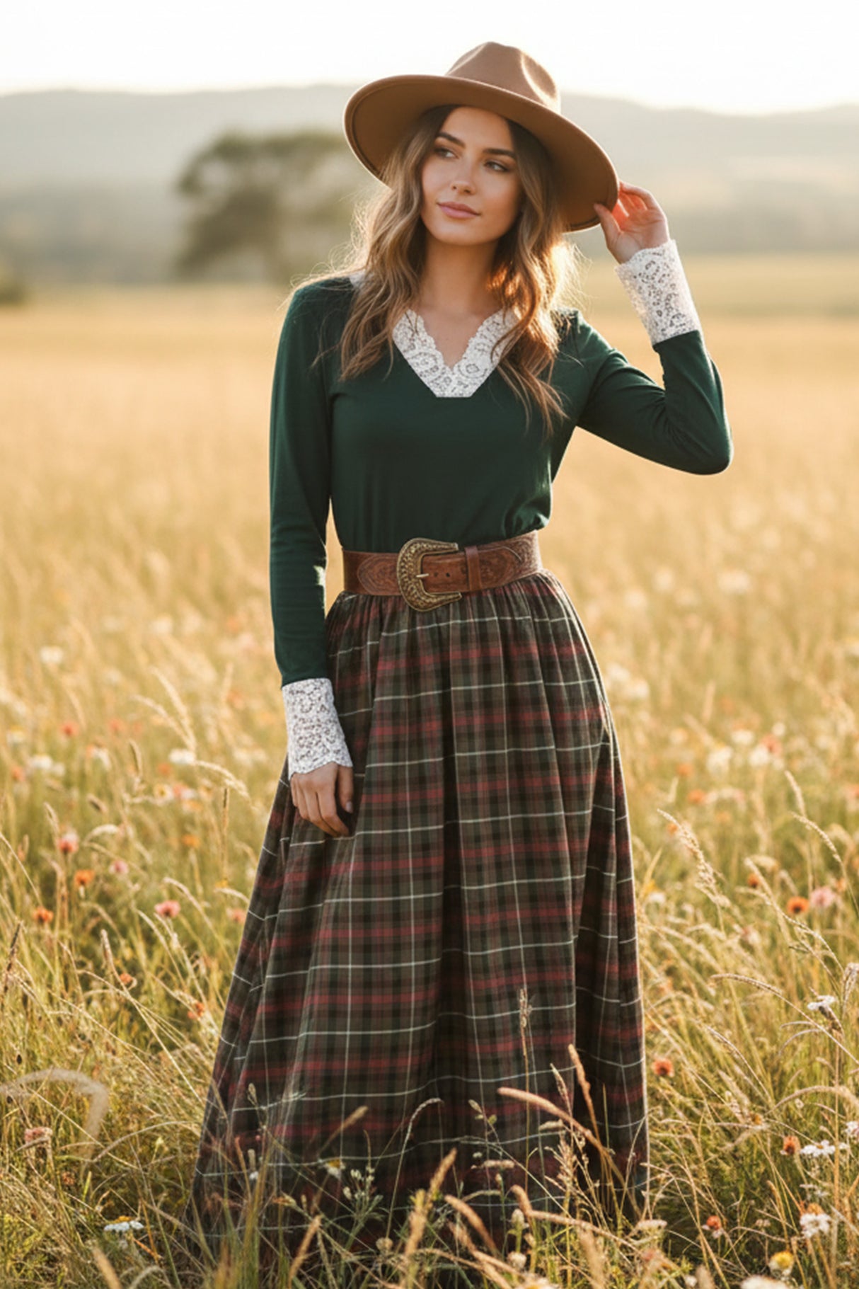 Lace V-neck Patchwork Plaid Skirt Maxi Dress