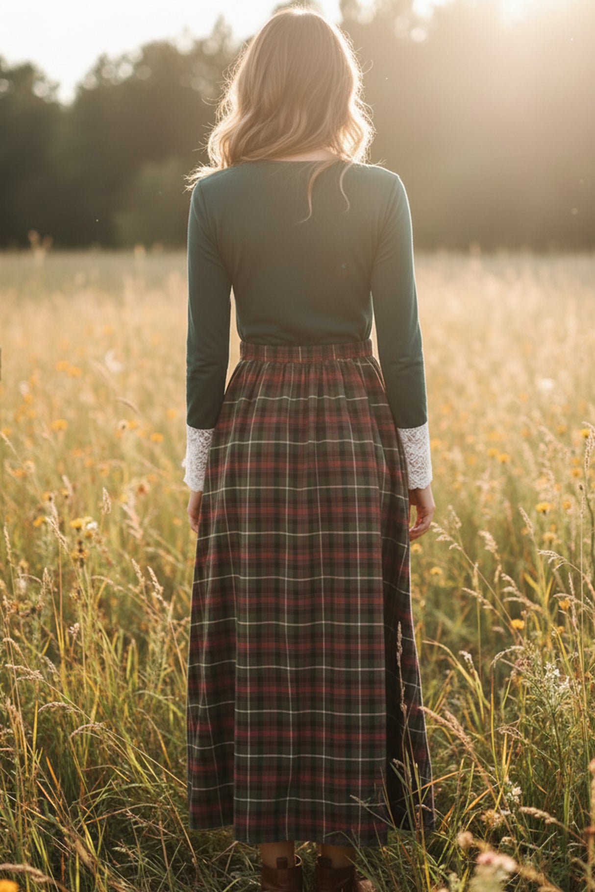 Lace V-neck Patchwork Plaid Skirt Maxi Dress