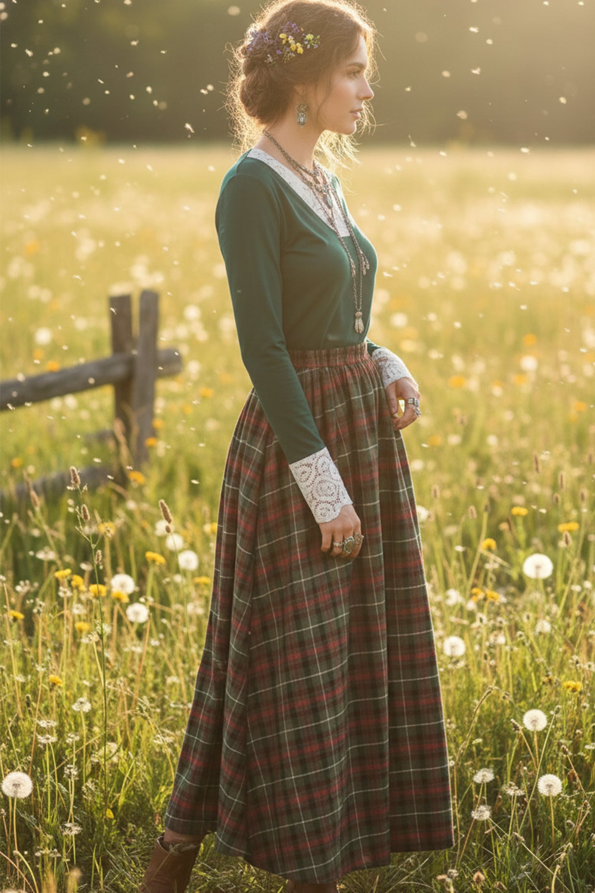 Lace V-neck Patchwork Plaid Skirt Maxi Dress