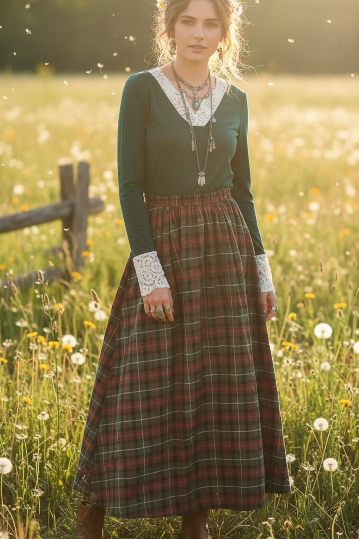 Lace V-neck Patchwork Plaid Skirt Maxi Dress