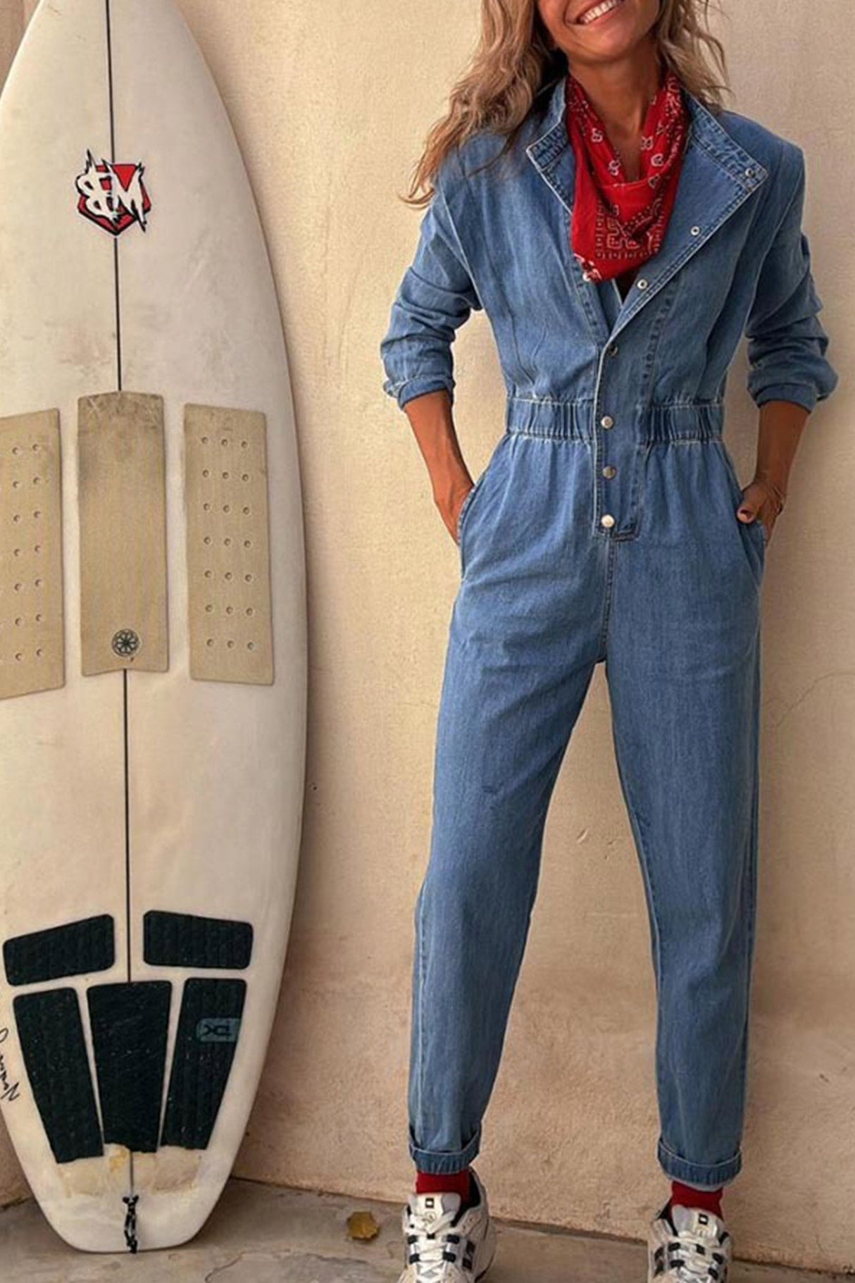 Arolora Lapel Button-down Elastic Waist Denim Jumpsuits