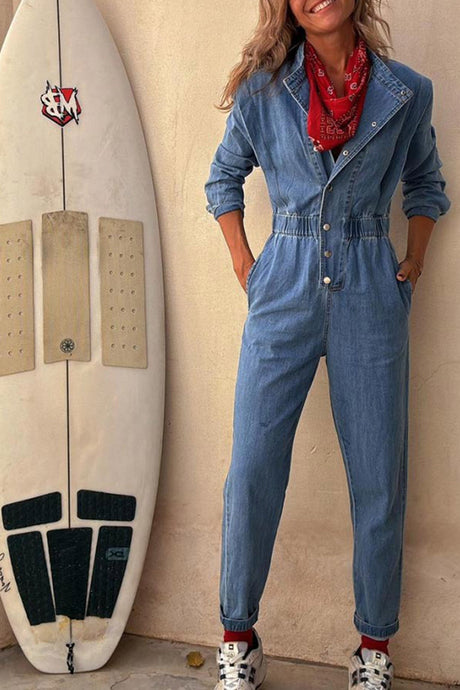 Arolora Lapel Button-down Elastic Waist Denim Jumpsuits