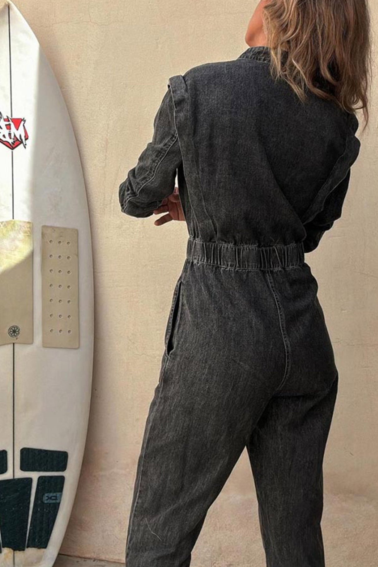 Arolora Lapel Button-down Elastic Waist Denim Jumpsuits