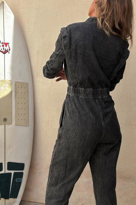 Arolora Lapel Button-down Elastic Waist Denim Jumpsuits