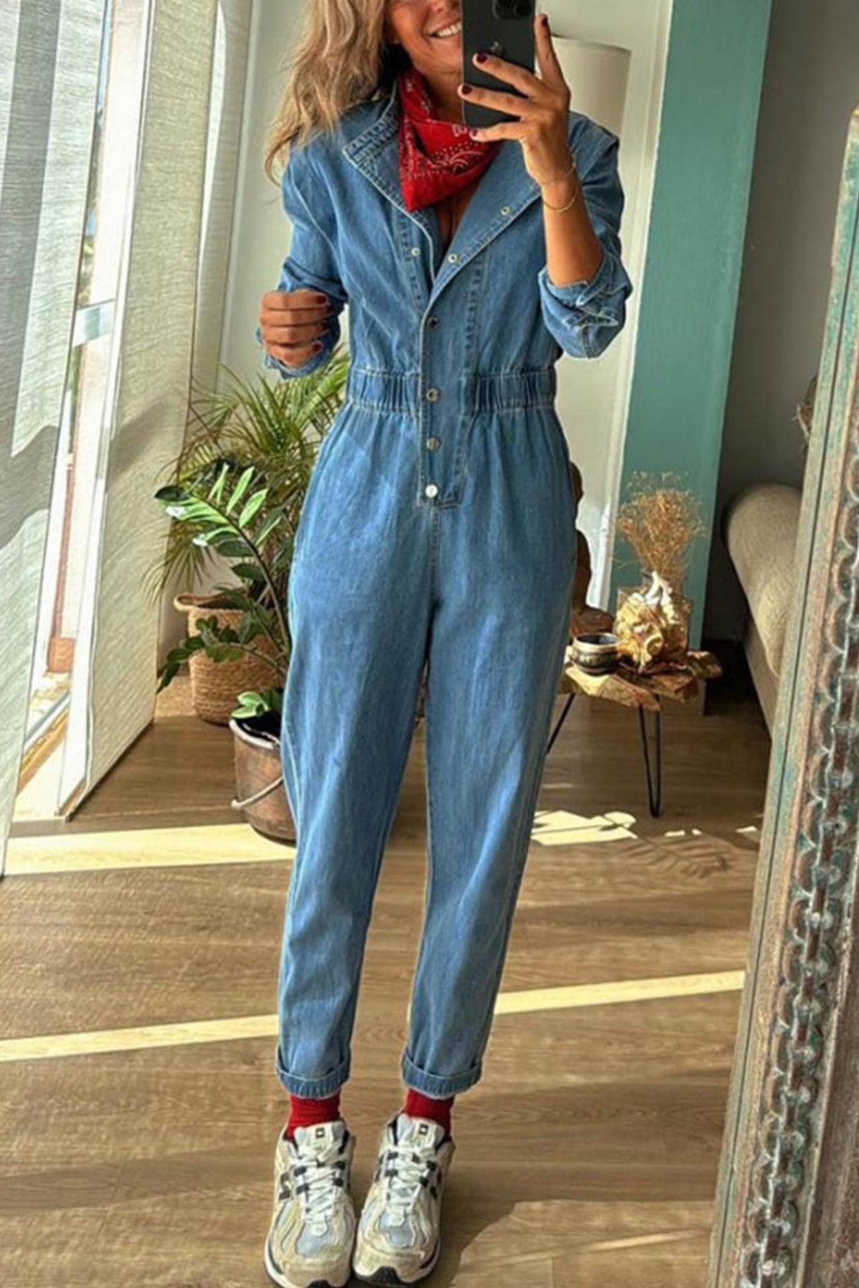 Arolora Lapel Button-down Elastic Waist Denim Jumpsuits
