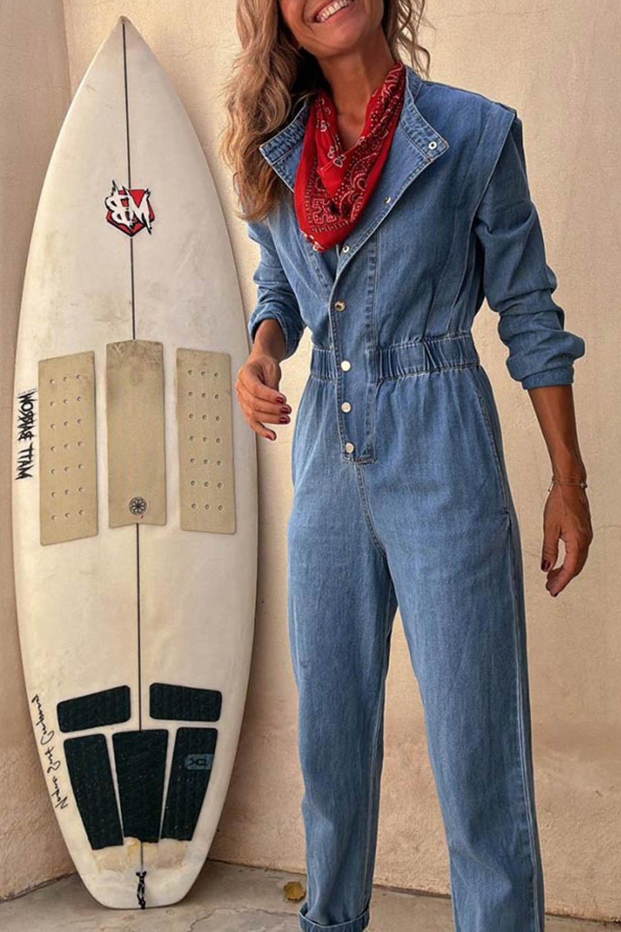 Arolora Lapel Button-down Elastic Waist Denim Jumpsuits