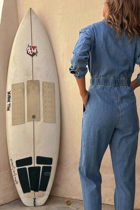 Arolora Lapel Button-down Elastic Waist Denim Jumpsuits