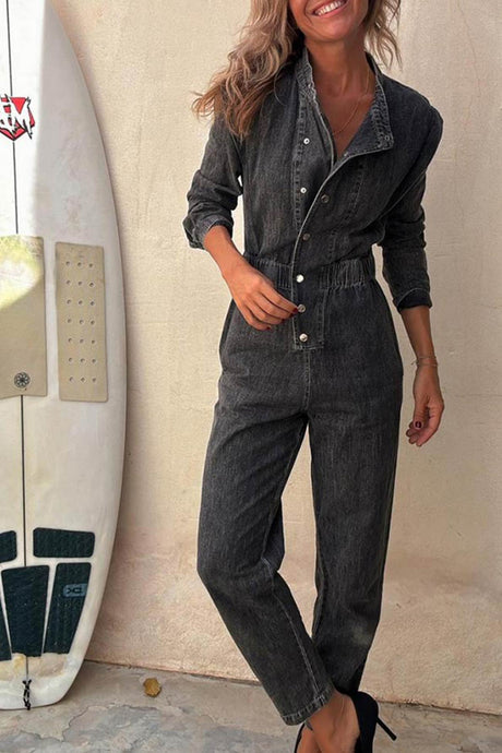 Arolora Lapel Button-down Elastic Waist Denim Jumpsuits