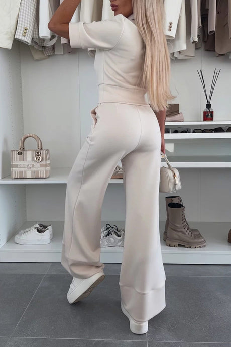 Arolora Lapel Half Sleeve Knit Tops Pants Set