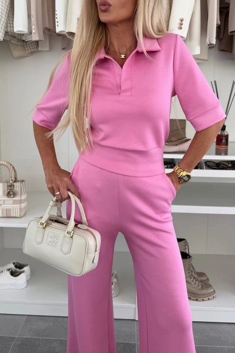 Arolora Lapel Half Sleeve Knit Tops Pants Set