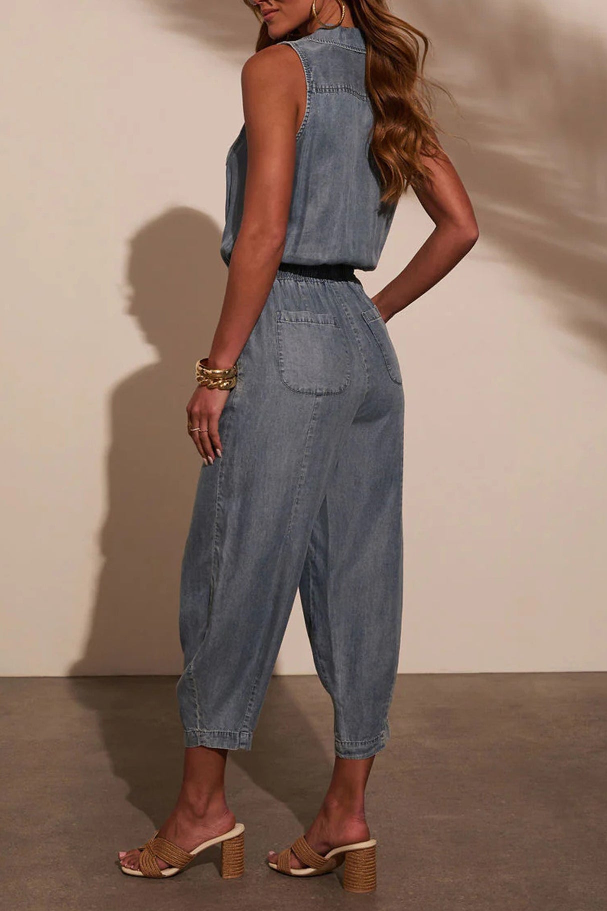 Arolora Lapel High Rise Sleeveless Denim Jumpsuits