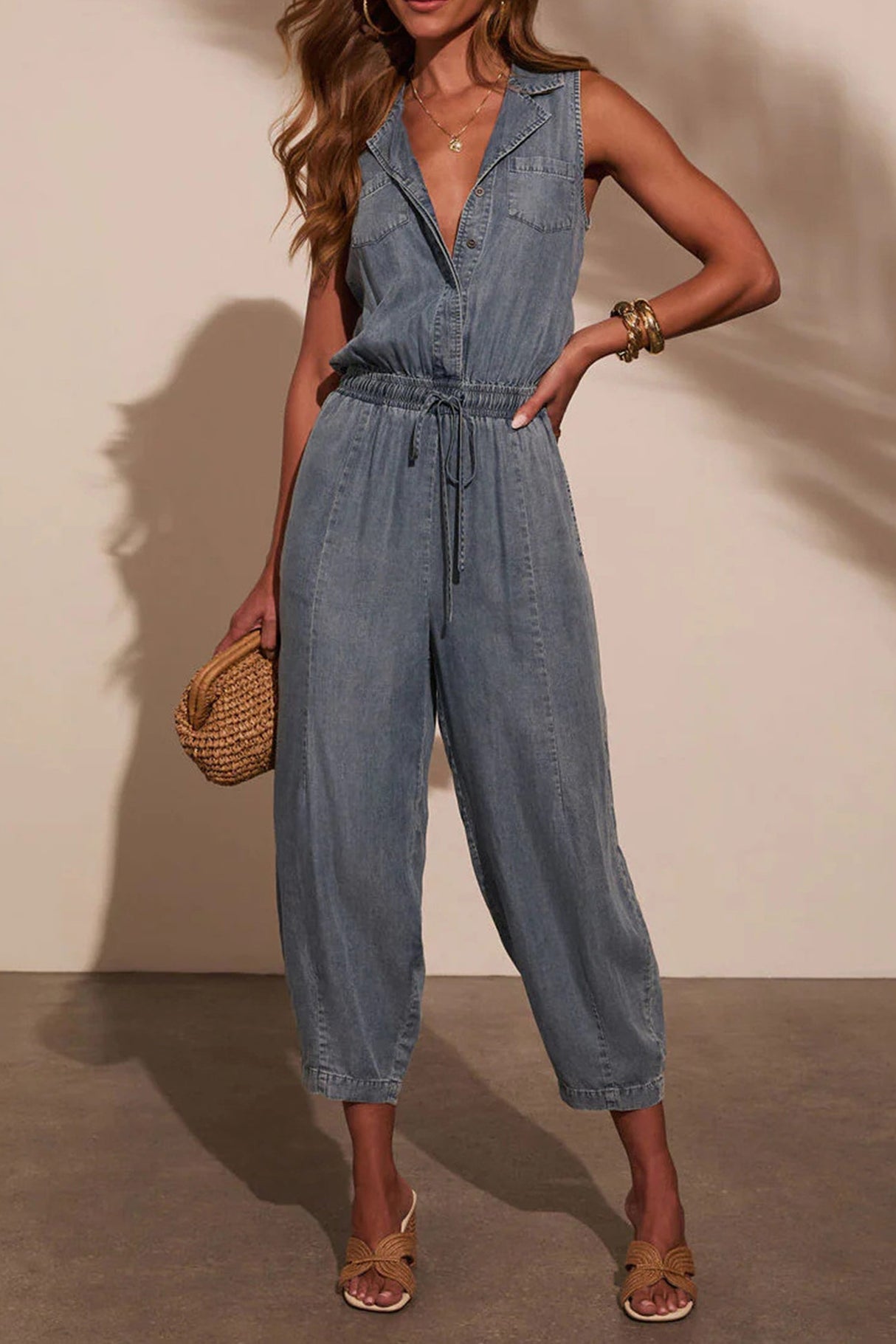 Arolora Lapel High Rise Sleeveless Denim Jumpsuits