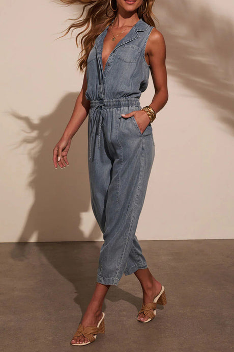 Arolora Lapel High Rise Sleeveless Denim Jumpsuits