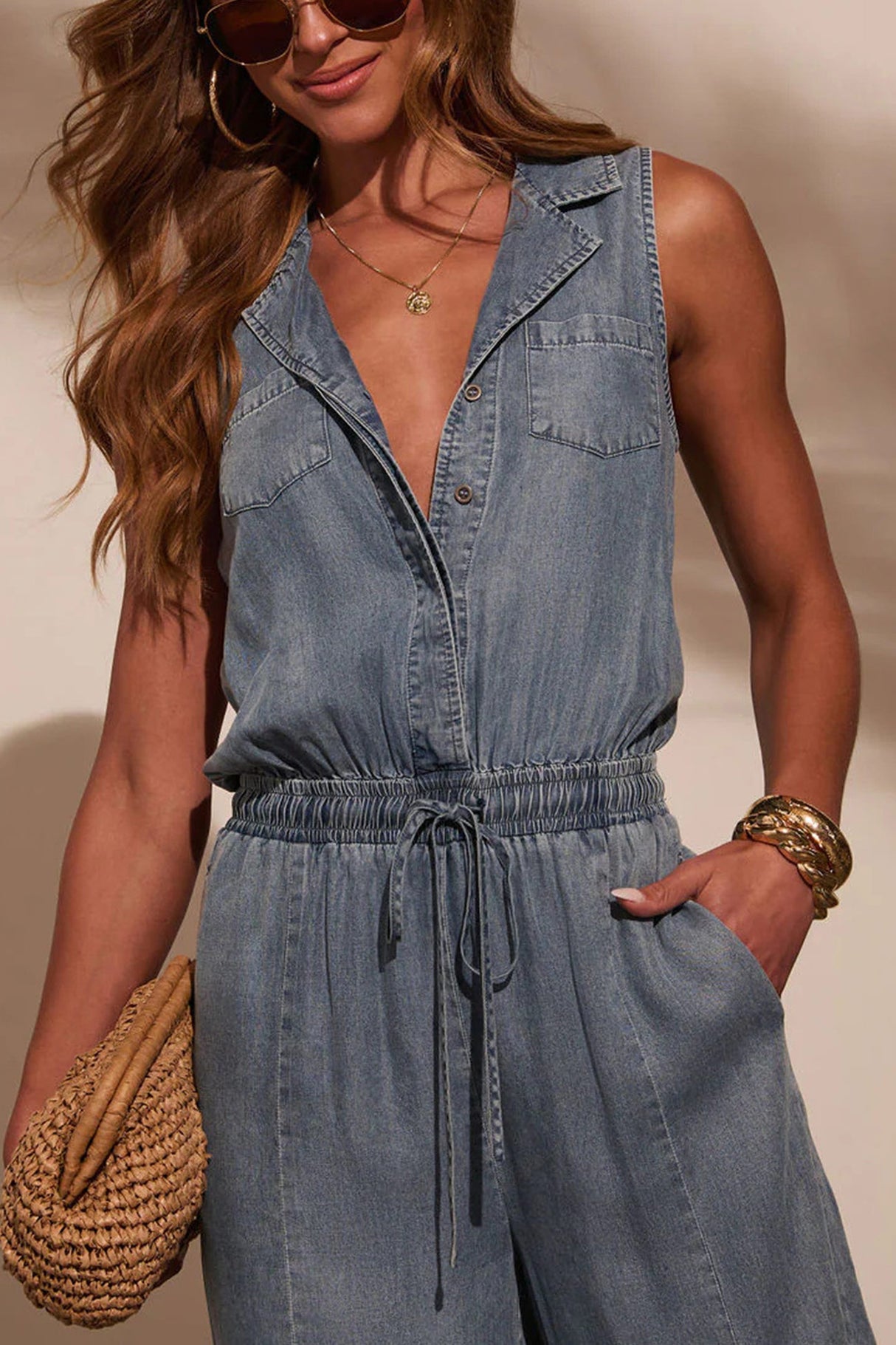 Arolora Lapel High Rise Sleeveless Denim Jumpsuits