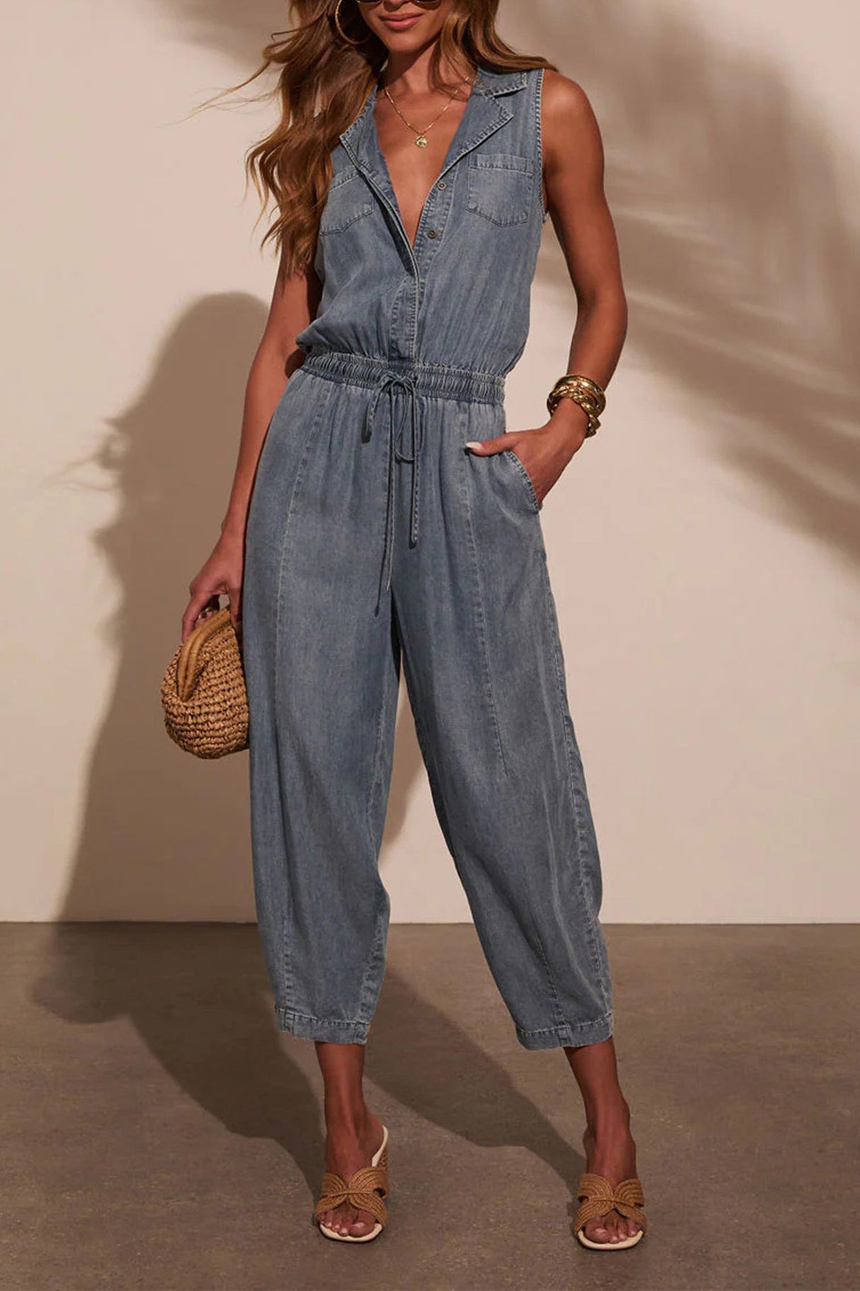 Arolora Lapel High Rise Sleeveless Denim Jumpsuits