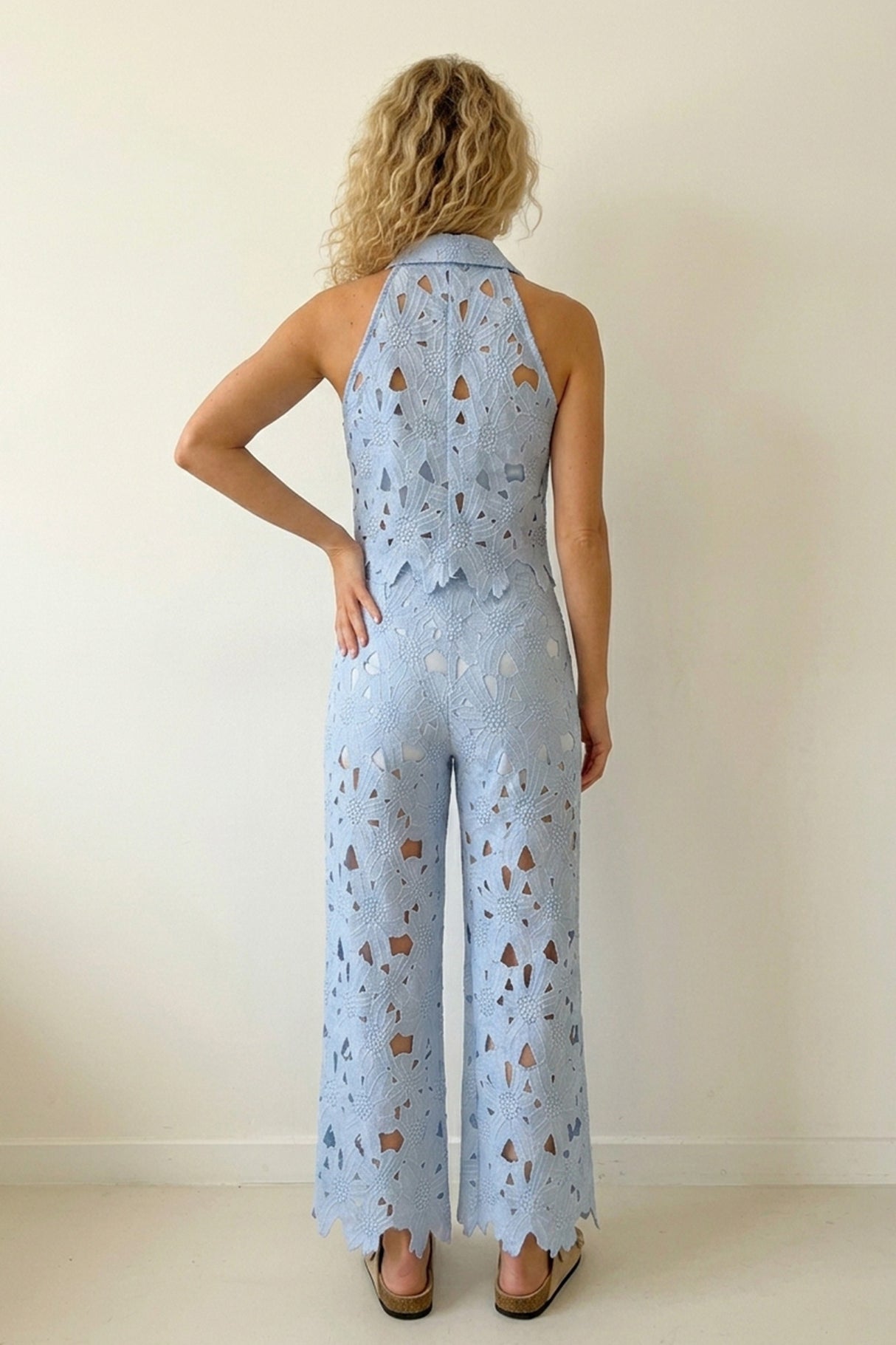 Lapel Hollow Out Lace Vest Pants Set