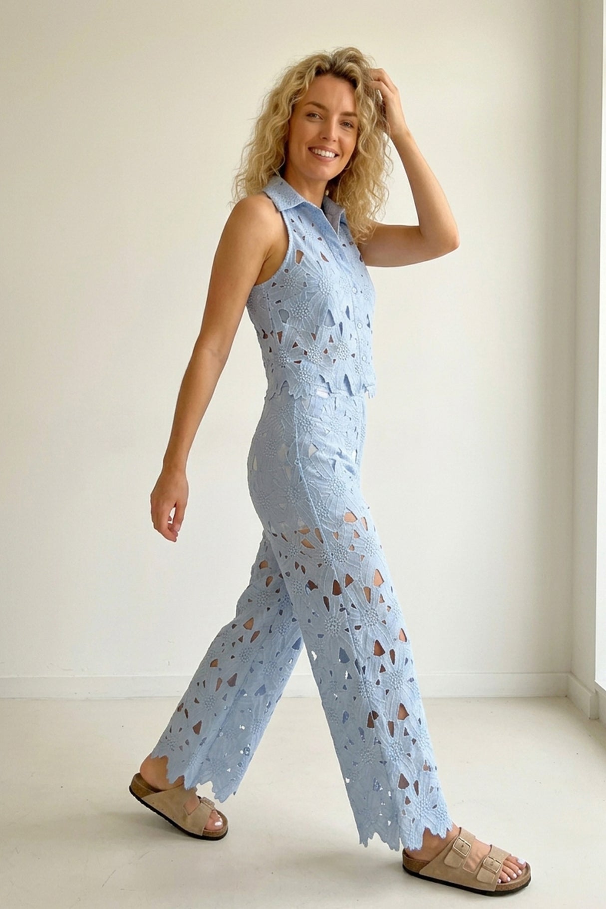 Lapel Hollow Out Lace Vest Pants Set