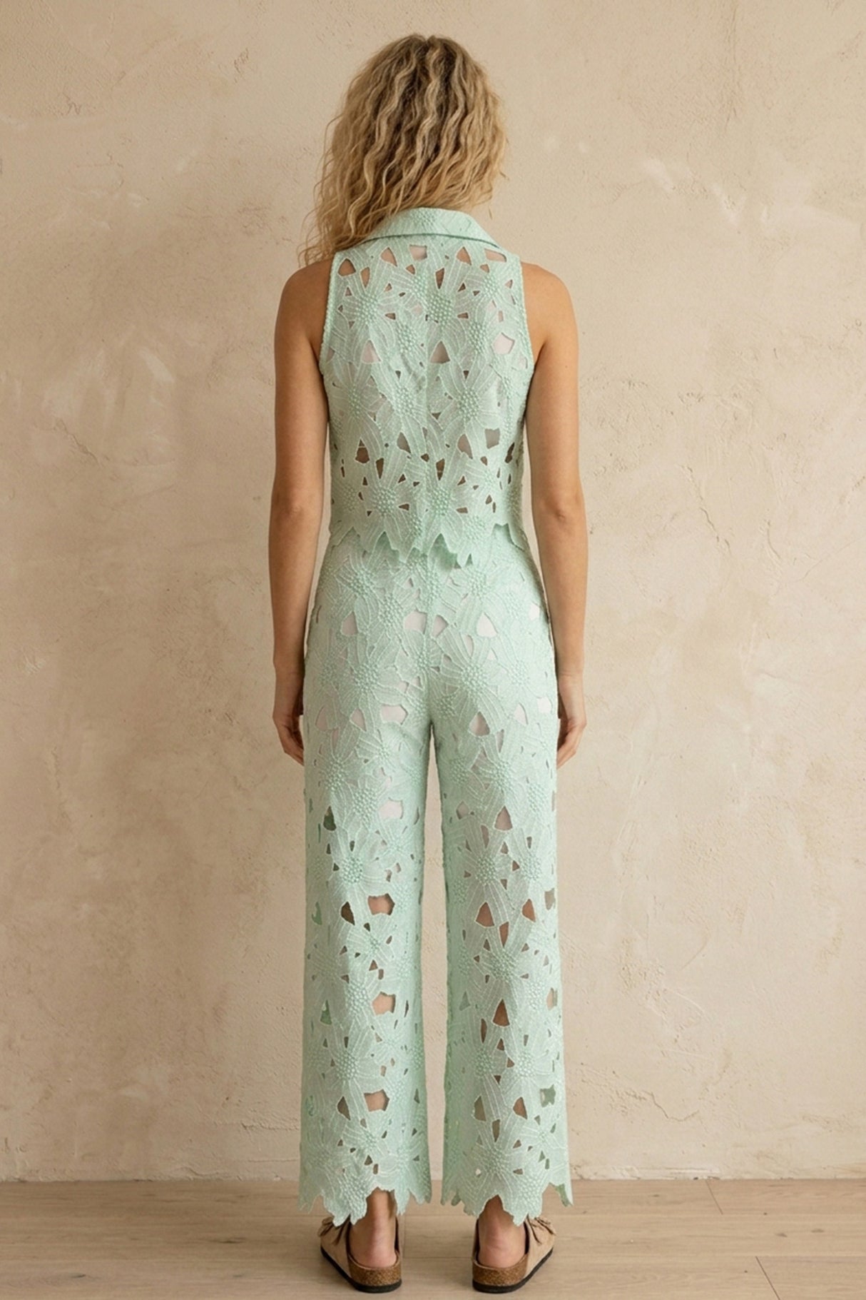 Lapel Hollow Out Lace Vest Pants Set