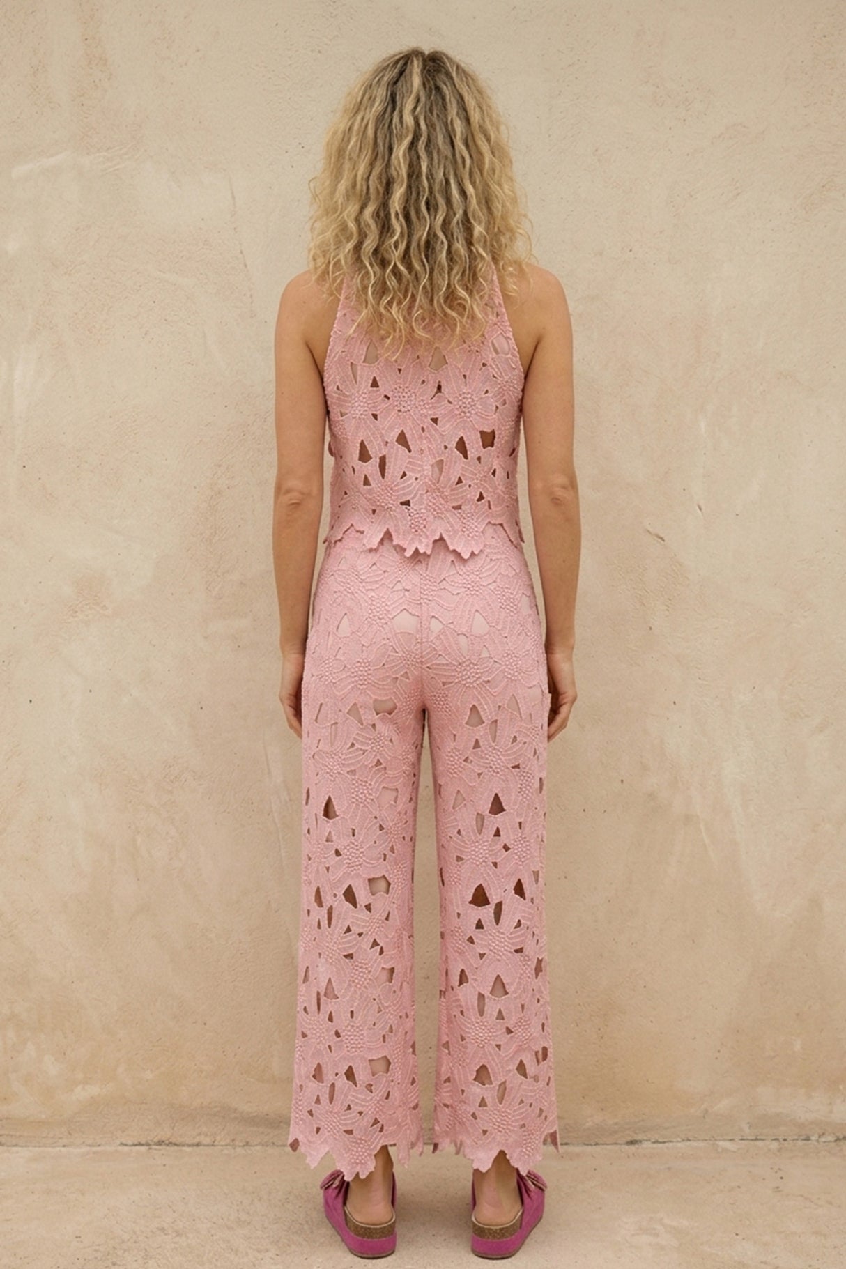 Lapel Hollow Out Lace Vest Pants Set