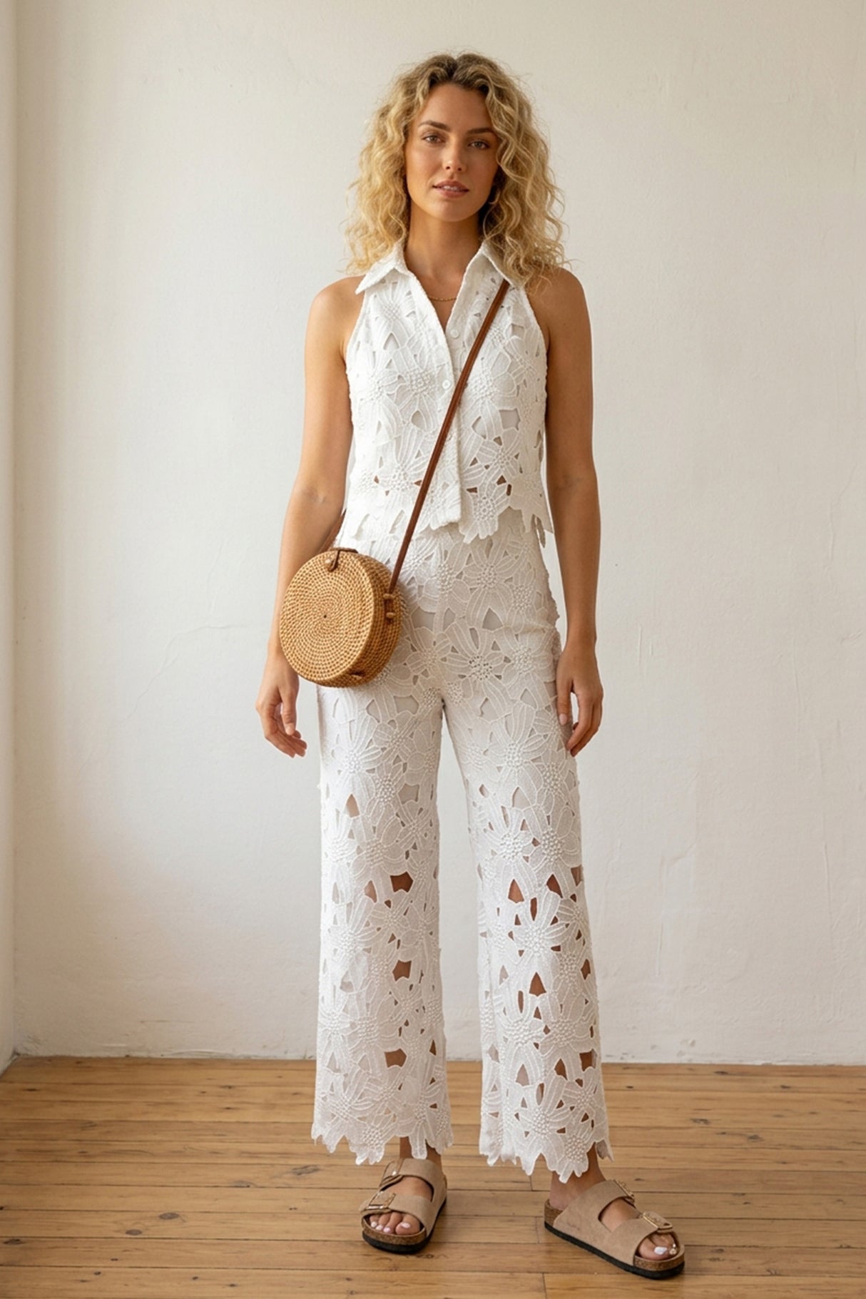 Lapel Hollow Out Lace Vest Pants Set