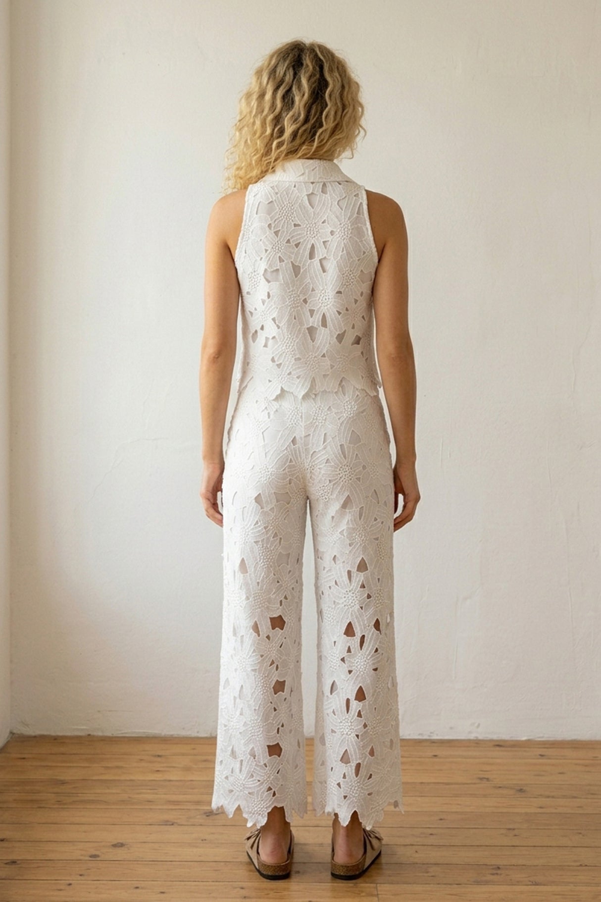 Lapel Hollow Out Lace Vest Pants Set