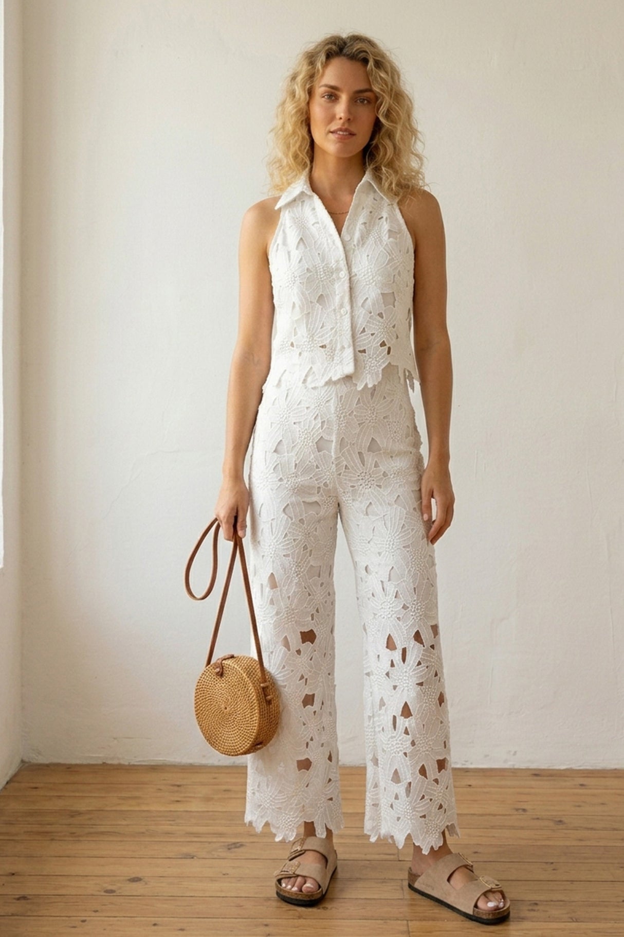 Lapel Hollow Out Lace Vest Pants Set