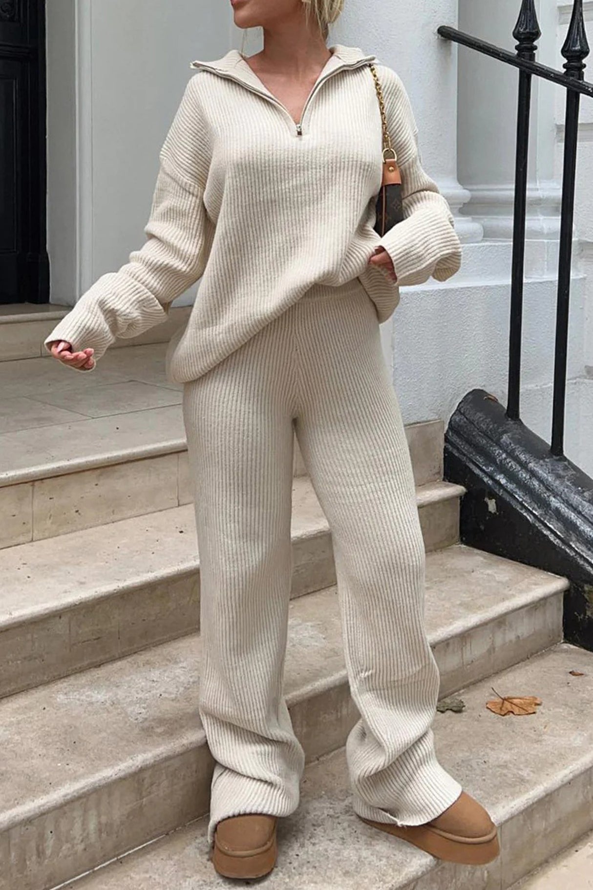 Lapel Knitted Straight-leg Two-piece Sets