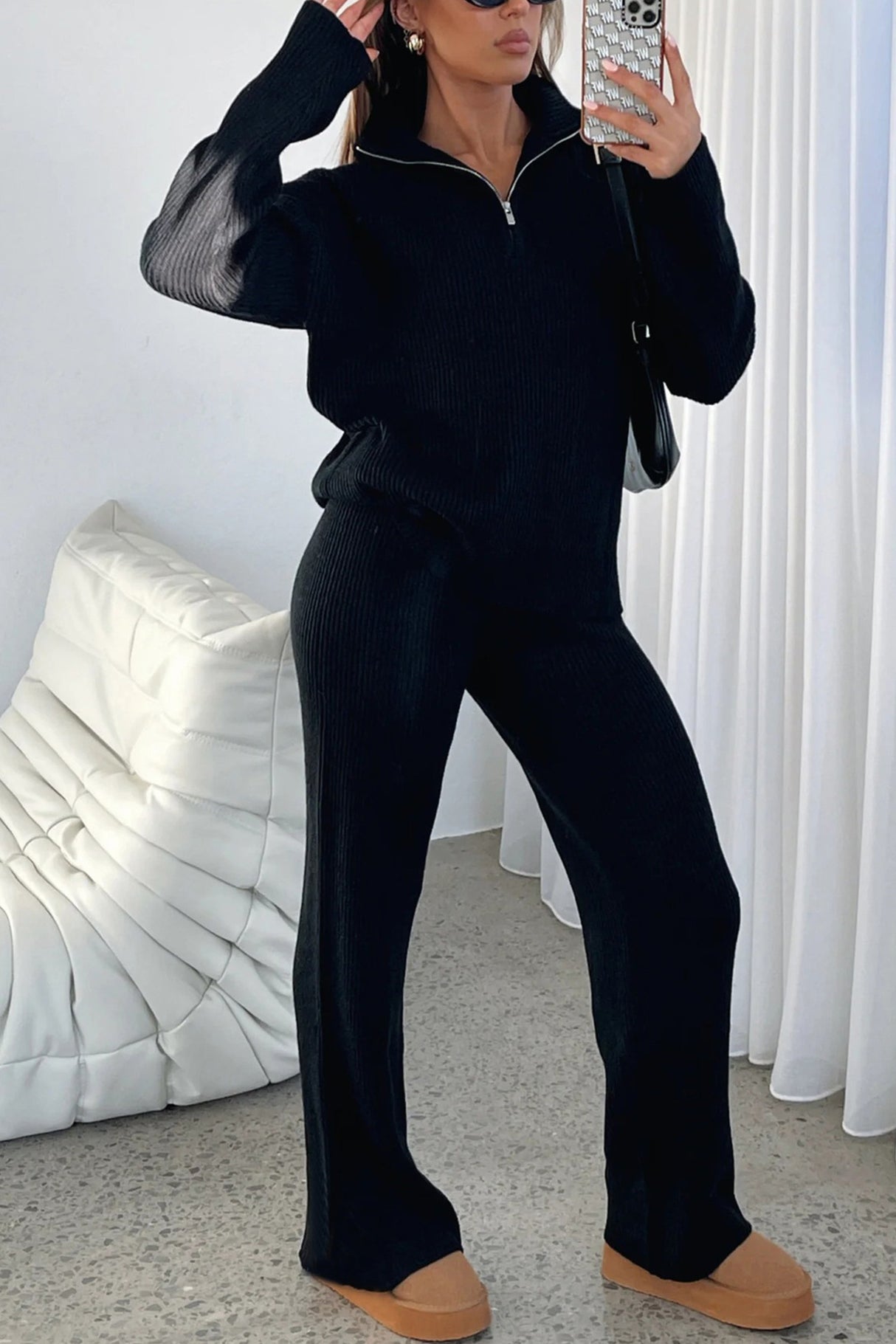 Lapel Knitted Straight-leg Two-piece Sets