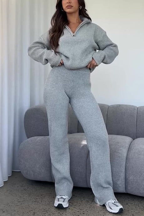 Lapel Knitted Straight-leg Two-piece Sets