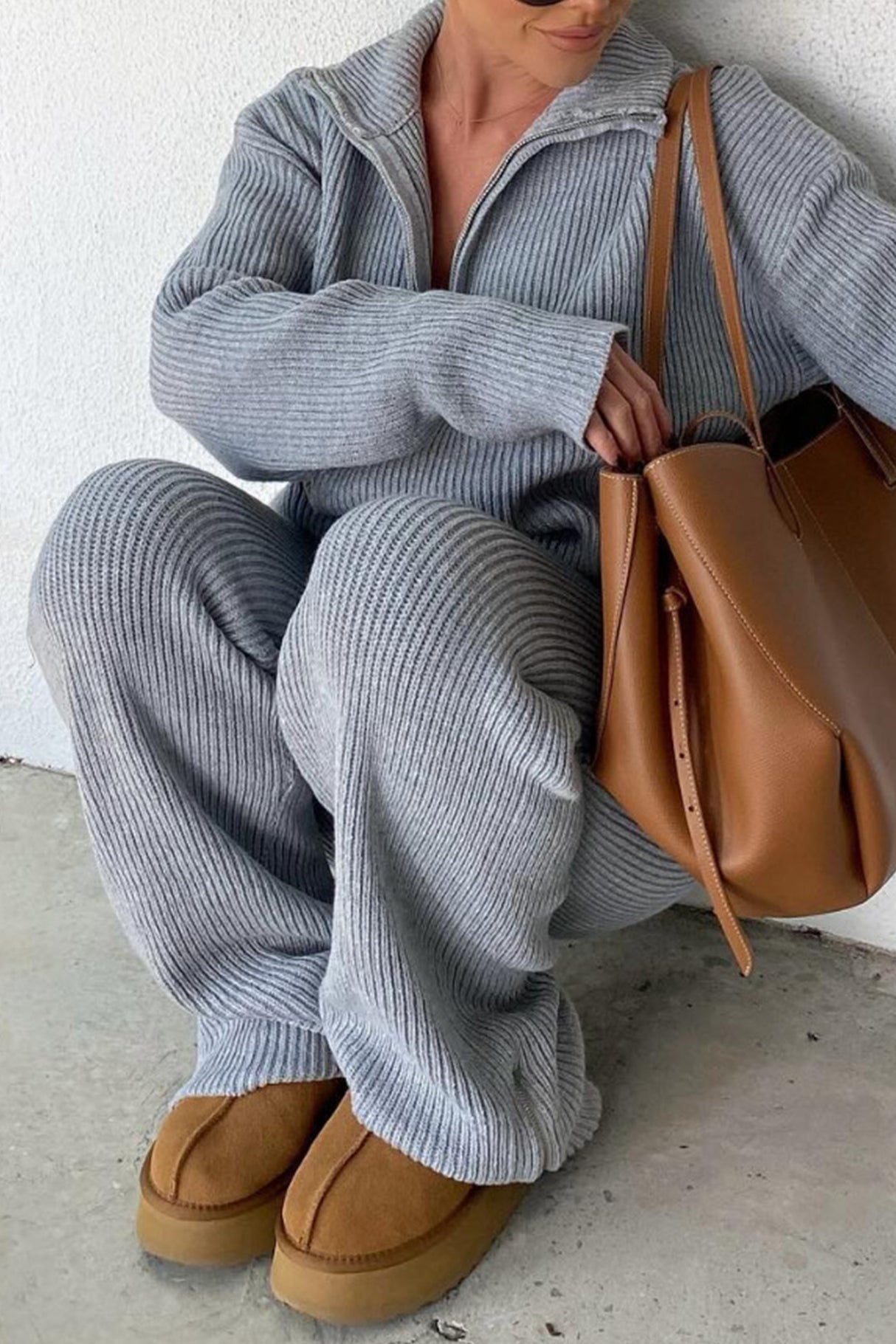 Lapel Knitted Straight-leg Two-piece Sets