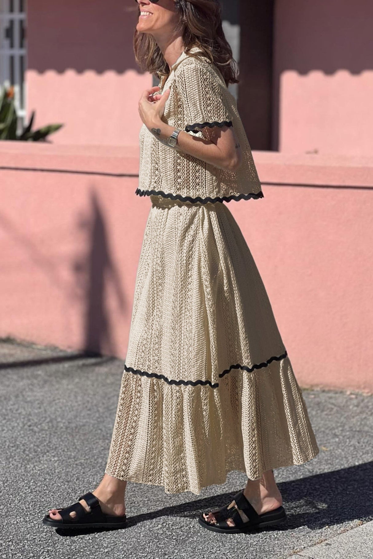 Arolora Lapel Lacework Hollow Out Shirt Skirt Set