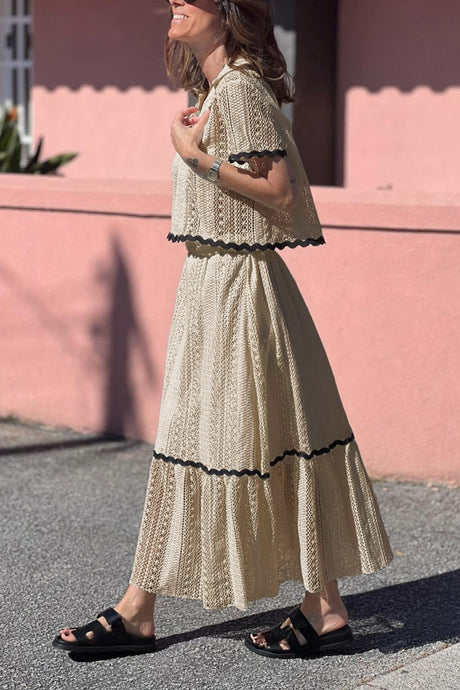 Arolora Lapel Lacework Hollow Out Shirt Skirt Set